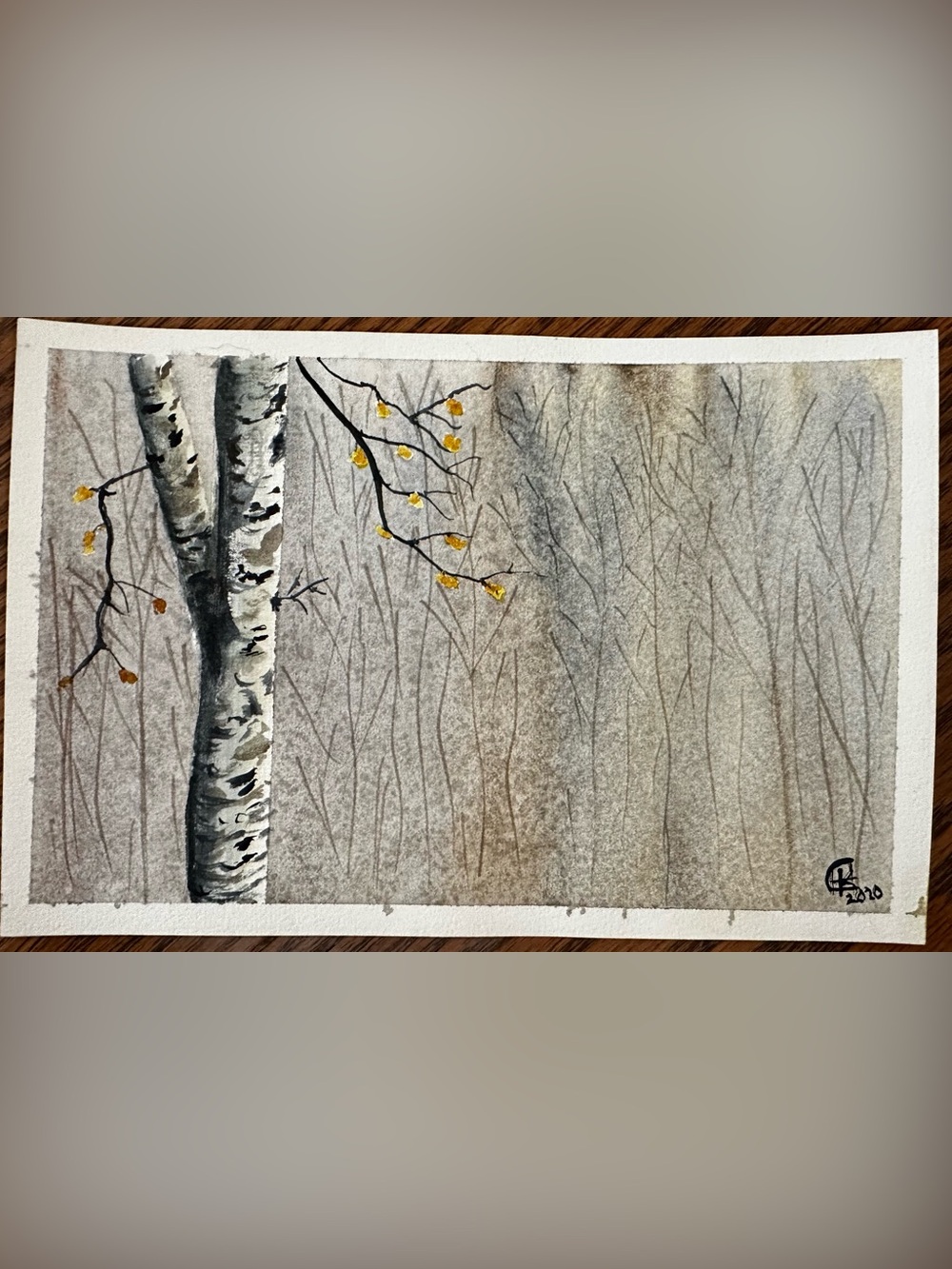 Original Birch Tree Watercolor Painting with Gold Leaves